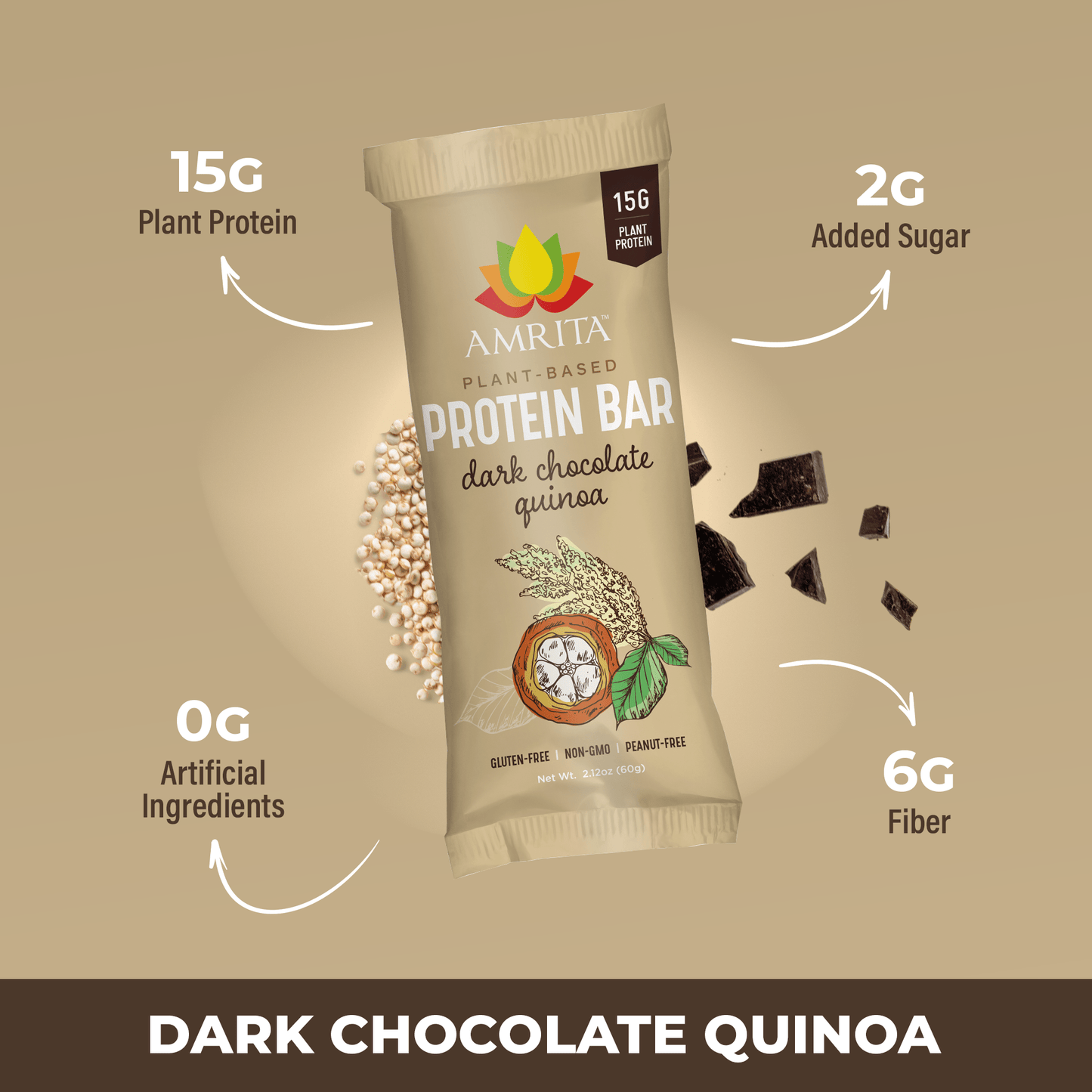 Dark Chocolate Quinoa High Protein Bars - 15g plant protein, 2g added sugar, 0g artificial ingredients, 6g fiber