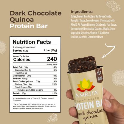  Dark Chocolate Quinoa High Protein Ingredients - Dates, brown rice protein, sunflower seeds, pumpkin seeds, cocoa powder, air popped quinoa, chia seeds, flax seeds, unsweetened dessicated coconut, maple syrup, vegetable glycerine, vitamin E, sunflower lecithin, sea salt, chocolate flavor Bars