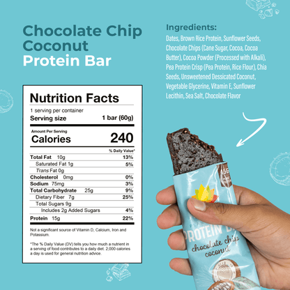  Chocolate Chip Coconut High Protein Bars Ingredients - Dates, brown rice protein, sunflower seeds, chocolate chips, cocoa powder, pea protein crisp, chia seeds, unsweetened dessicated coconut, vegetable glycerine, vitamin E, sunflower lecithin, sea salt, chocolate flavor