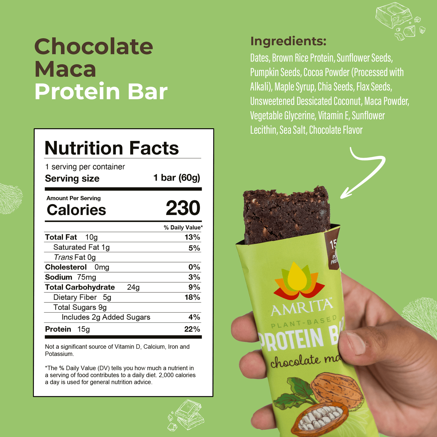 Chocolate Maca High Protein Bars Ingredients - Dates, brown rice protein, suflower seeds, pumpikin seeds, cocoa powder, maple syrup, chia seeds, flax seeds, unsweetened dessicated coconut, maca powder, vegetable glycerine, vitamin E, sunflower lecithin, sea salt, chocolate flavor
