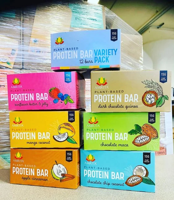 Amrita protein bar boxes, all flavors.